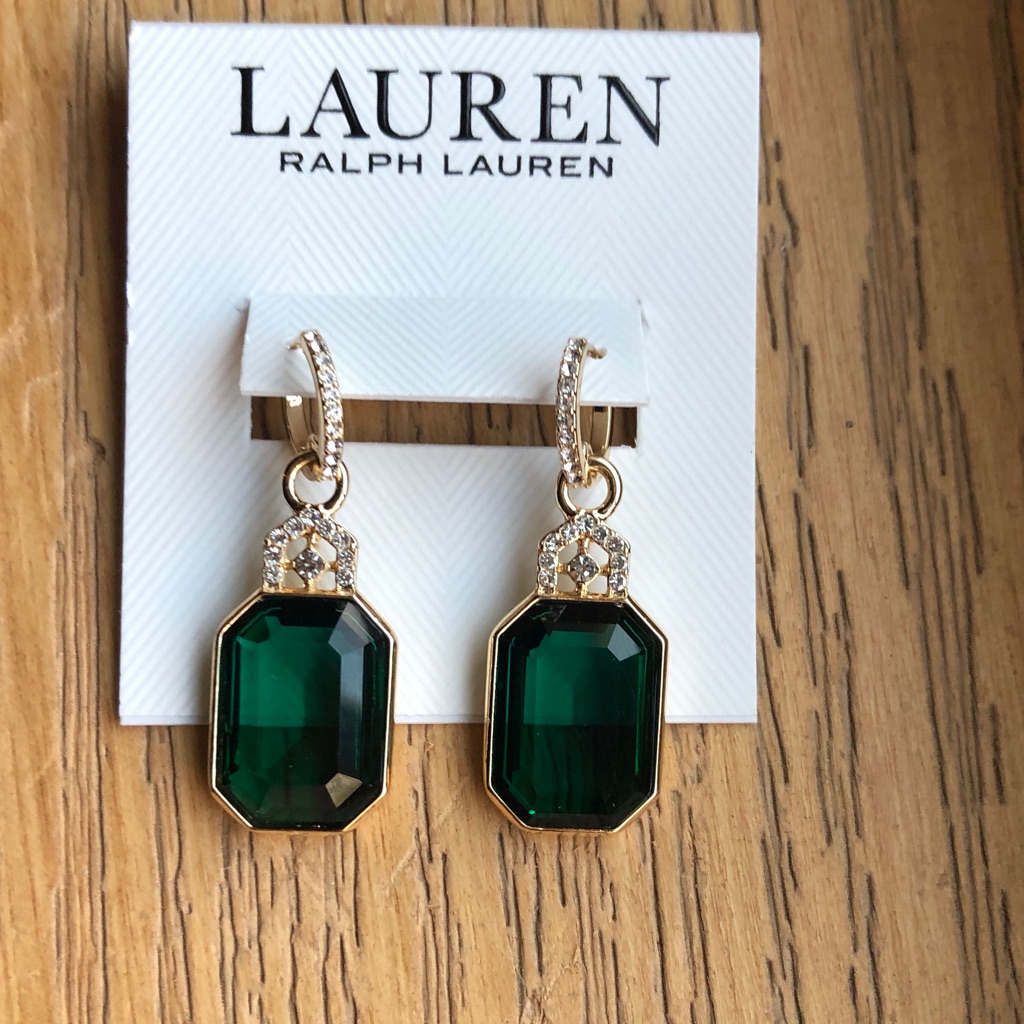 Lauren Ralph Lauren Gold Tone Huggie Hoop Earrings Green Octagon Crystal Nwt 33$